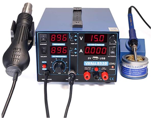 Digital soldering and hot air rework station with a hot air gun, soldering iron, digital display, and tip cleaner.
