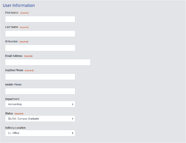 Screenshot of the ILLiad user registration form showing fields for personal information and delivery preferences.