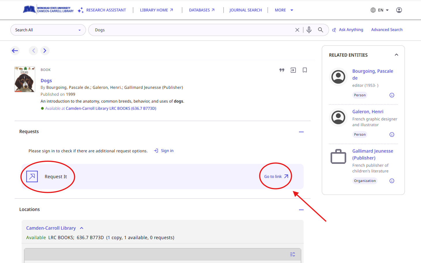 Screenshot of a Primo VE book record highlighting the "Request It" button and the "Go to link" option for requesting a book.