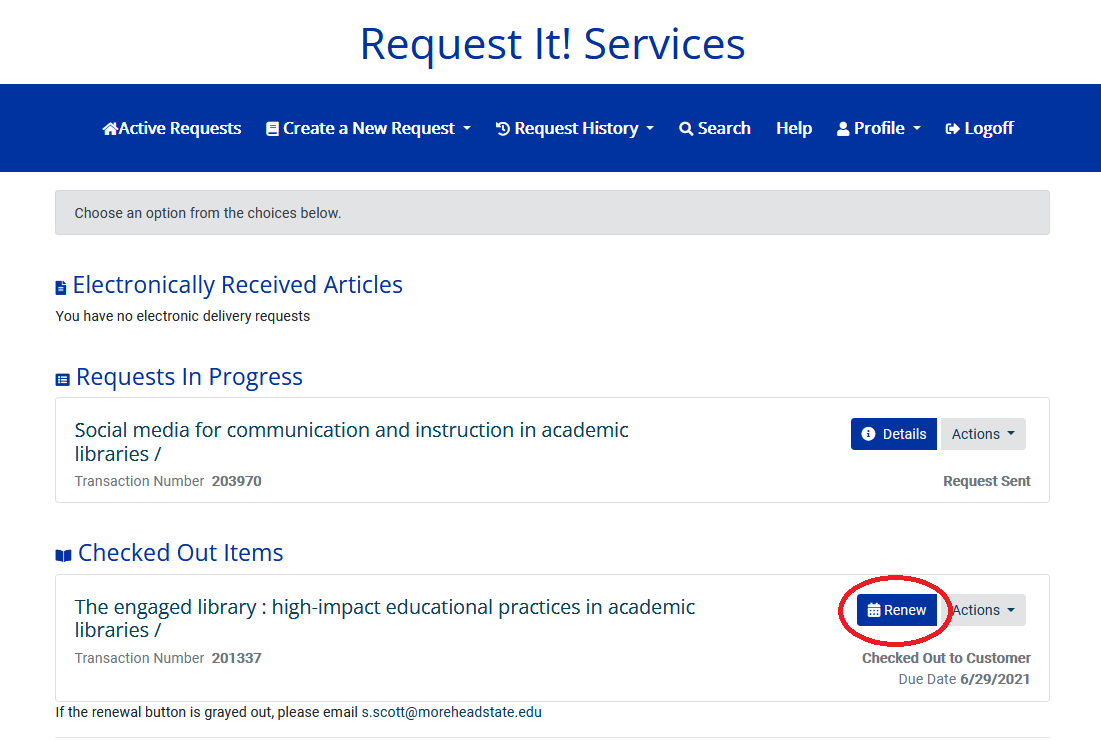 Screenshot of the Request It! account highlighting the "Renew" button for renewing eligible interlibrary loan items.