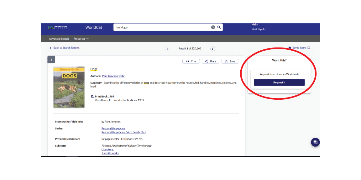 Screenshot of a WorldCat record highlighting the "Request It" button for requesting an item through Libraries Worldwide.