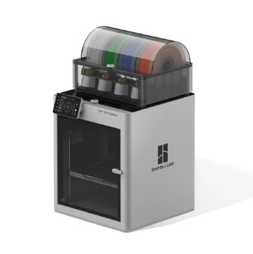 Bambu Lab X1 Carbon enclosed 3D printer with a four-spool automatic material system on top.
