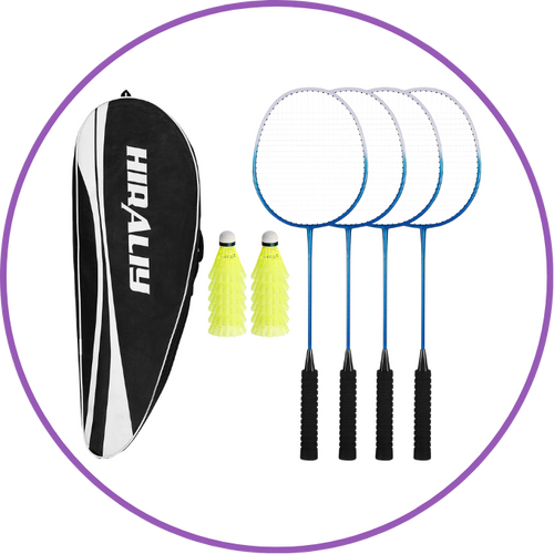 four badminton rackets, eight shuttlecocks, and carrying bag