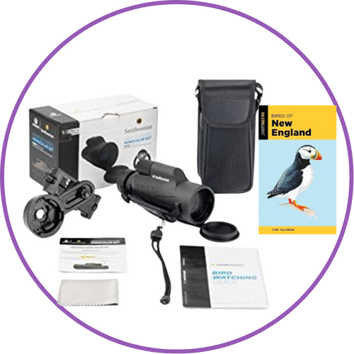 monocular, case, and Birds of New England Falcon Guide