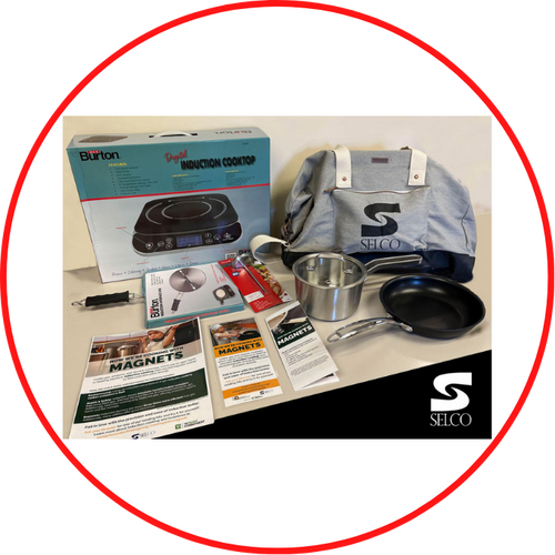 Induction cooktop with a pot, pan, thermometer, and instructional guides.