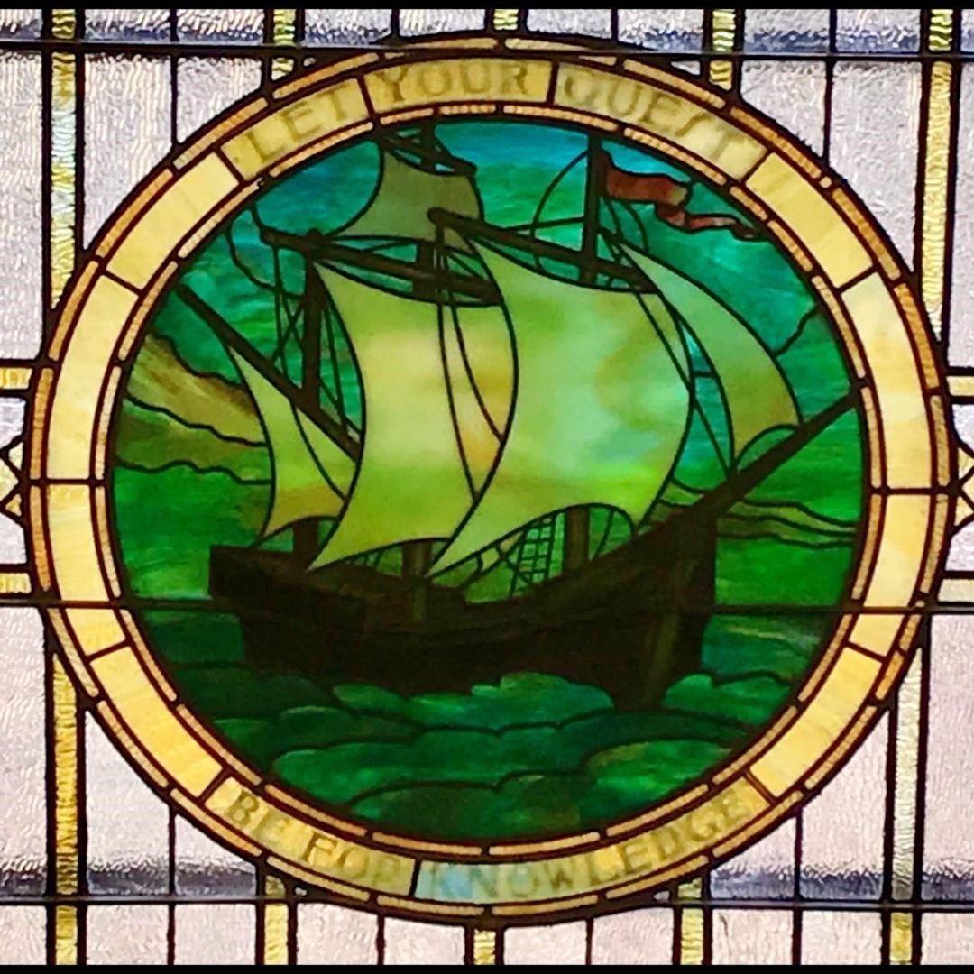 The ship depicted in the stained-glass window